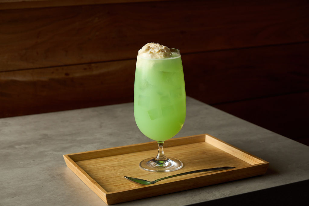 Colorful Japanese cream soda with floating ice cream